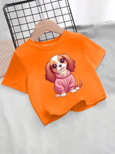 Short Round Neck And Short Sleeves Puppy Letters in Watercolor Cartoon Prints