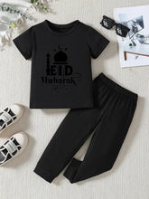2pcs Casual Summer Outfit, Eid Mubarak Geometric-Patterned Polyester T-Shirt and Jogger Pants Set