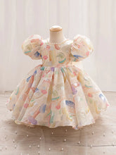 Pearl-Embellished Round Neck Short Sleeve Dress with Ruffled Bubble Cuffs & Bow Waist