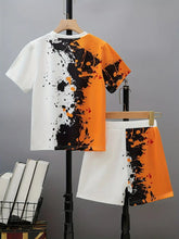 2pcs Casual Color Block Splash Ink Short Sleeve T-shirt & Shorts Set