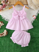 Bow Decor 2pcs Casual Summer Suit Sleeveless Ruffle Top and Ruffle Decorated Shorts