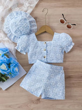 2pcs Floral Jacquard Elegant Outfit, Puff Sleeve Crop Top + Shorts + Hat