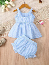 2pcs Charming Striped Bubble Cami Top with Bow & Ruffled Shorts Summer Outfit Set