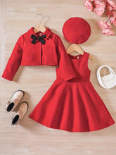 3pcs Bowknot Coat & Beret & Tank Dress Set