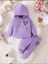 Soft Plush Hooded Fleece Shirt & Trouser Set, Basic Heart Design