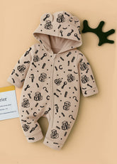 Plush Fleece Baby Hooded Sleepsuit, Cute Ears, Easy Zipper, Warmth