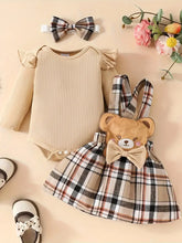 3pcs Outfit Set Long Sleeve Knit Top, Plaid Bear Suspenders Skirt, and Bow Headband