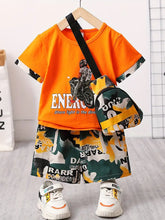 Letter & Motorcycle Print Casual Outfit Round Neck T-shirt & Shorts & Crossbody Bag