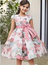 Slim-Fit Bodice & Flared Rose Floral Print Dress with Red Ribbon Belt Skirt