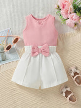 Ribbed U-Neck Bowknot T-Shirt Vest Top + White Elastic Waistband