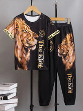 1Round Neck Short-Sleeved T-Shirt + Lion Pattern Positioning Print Tapered Trousers