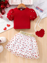 Two-Piece Set Solid Color Ribbed Short Sleeve Round Neck Beaded Top + Love Mesh Halter Skirt Set with Love Bag