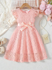 Lace Round Neck Small Flutter Sleeve Zipper Sweet Cute Dress with Belt