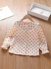 Light Yellow Ruffle Neckline Non-Stretch Fabric Casual Long Sleeve Blouse with Floral Print