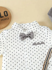 Three-Piece Bow Polka Dot Short Sleeve Shirt + Gray Shorts with Straps + Hat