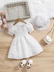 Bubble Sleeve Plain Color Dress with Cute Hat Two-piece Set