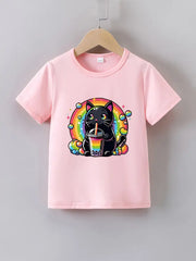 Casual Crew Neck Short Sleeve "Rainbow Black Cat" Print T-Shirt