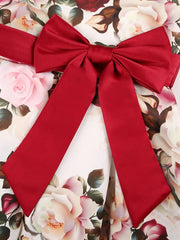Slim-Fit Bodice & Flared Rose Floral Print Dress with Red Ribbon Belt Skirt