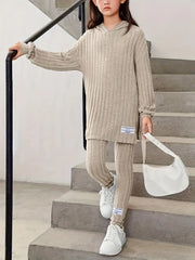 2pcs Ribbed Knit Long Sleeve Top + Pants Set