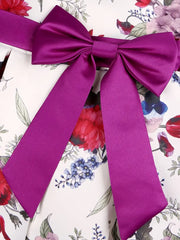 Slim-Fit Bodice & Flared Rose Floral Print Dress with Red Ribbon Belt Skirt