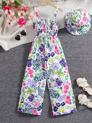 Floral Print Sleeveless Jumpsuit with Matching Beach Hat
