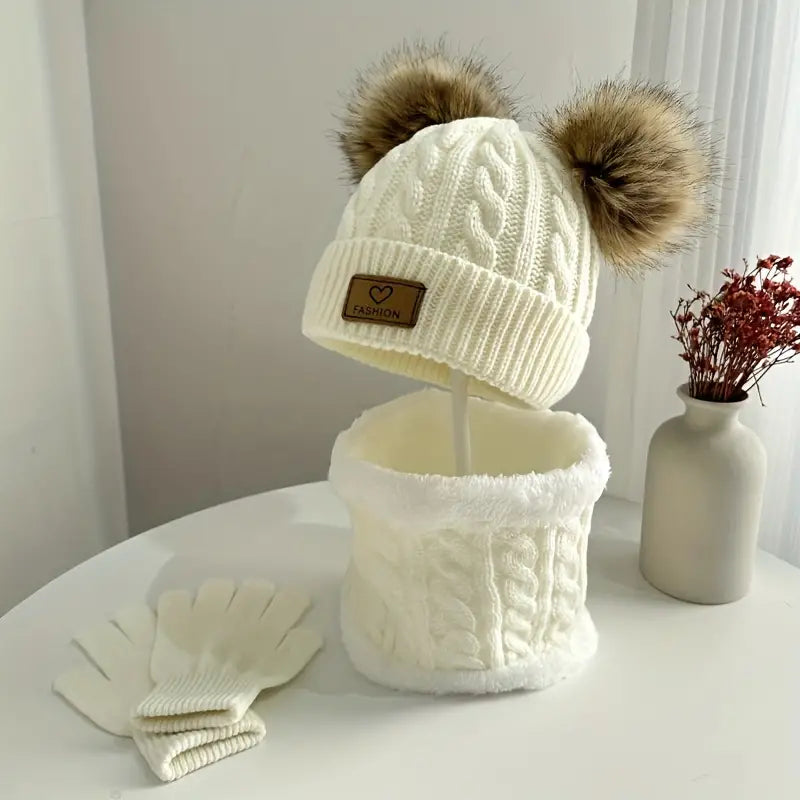 4pcs/set 1pc Teens Warm Pom Pom Knit Hat & 1pc Scarf & 1 Pair Gloves Set