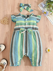 Casual Striped Ruffled Romper With Bow Decoration & Bow Headband Set