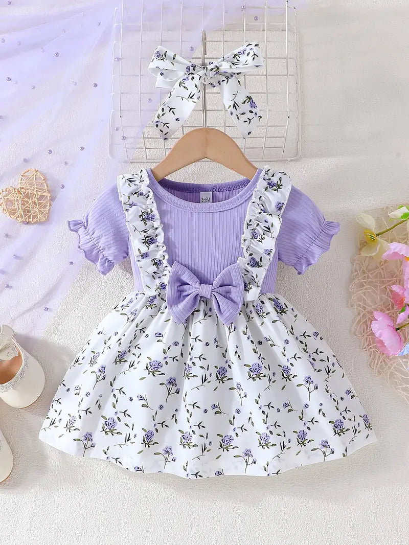 Short Sleeve Round Neck Summer Floral Dress with Bow Detail