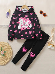 Two-piece Cute Cat Print Hooded Long Sleeve Top & Long Pants