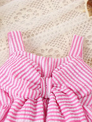 2pcs Charming Striped Bubble Cami Top with Bow & Ruffled Shorts Summer Outfit Set