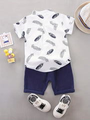 2pcs Set Feather Pattern Short Sleeve Shirt & Shorts