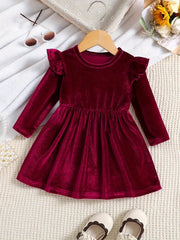 Velvet Round Neck Long Sleeve Pleated Skirt with Leaf Design