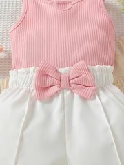 Ribbed U-Neck Bowknot T-Shirt Vest Top + White Elastic Waistband
