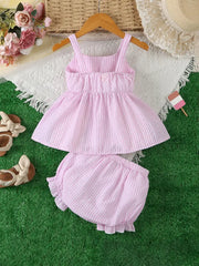 Bow Decor 2pcs Casual Summer Suit Sleeveless Ruffle Top and Ruffle Decorated Shorts