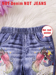 Casual Bows & Unicorn Pattern Imitation Denim Pants