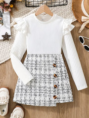 2-Piece Flounce Trim Long Sleeve Top + Tweed Knit Skirt Set