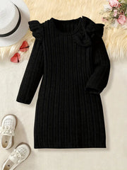 Solid Color Ruffled Sleeve Long Sleeve Dress with Bow Detail