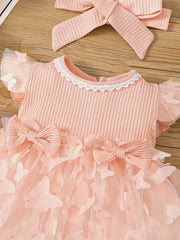 2pcs Cute Butterfly Decor Flutter Sleeve Lace Trim Princess Dress & Headband Set