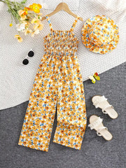 Floral Print Sleeveless Jumpsuit with Matching Beach Hat
