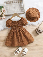 Bubble Sleeve Plain Color Dress with Cute Hat Two-piece Set