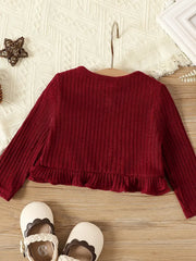Solid Rib Knit Ruffle Trim Round Neck Long-sleeve Cardigan/Crop Top