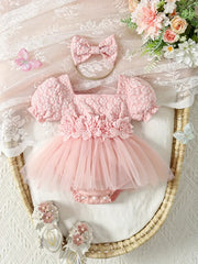 Elegant Floral Embroidered Puff Sleeve Tutu Dress,