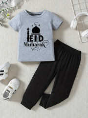 2pcs Casual Summer Outfit, Eid Mubarak Geometric-Patterned Polyester T-Shirt and Jogger Pants Set