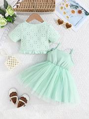 2pcs Design with a Ruffled Edge Knitted Short-Sleeve Set