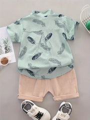 2pcs Set Feather Pattern Short Sleeve Shirt & Shorts