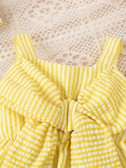 2pcs Charming Striped Bubble Cami Top with Bow & Ruffled Shorts Summer Outfit Set