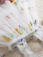 Floral Embroidered Sheer a Non-Stretch Solid Color Princess Ballet Skirt