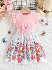 Flower Graphic Flutter Trim Sleeveless Dress With Bow