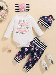 Letter Of Love Print Long Sleeve Bodysuit Top Floral Pants Set