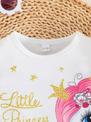2pcs Cute Unicorn Print Lovely Outfit Cap Sleeve Top & Ruffle Trim Shorts